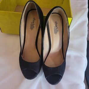 Charlotte Russe Black Faux Suede Peep Toe Wedge Heels - Size 7